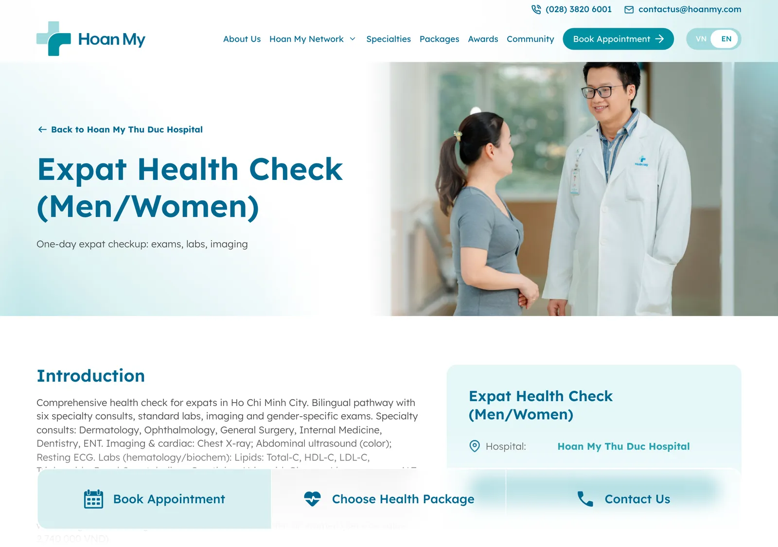 Hoan My page headed Expat Health Check for men and women, with a doctor and a patient talking.