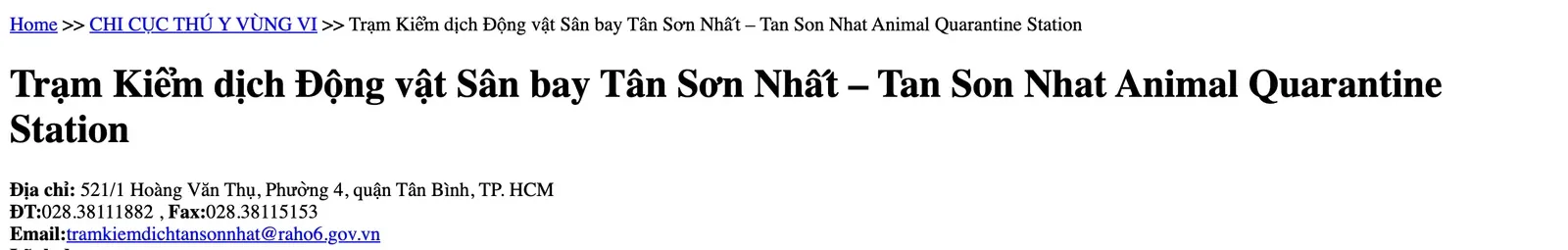 Archived web page heading and address block for the Tan Son Nhat airport animal quarantine station.