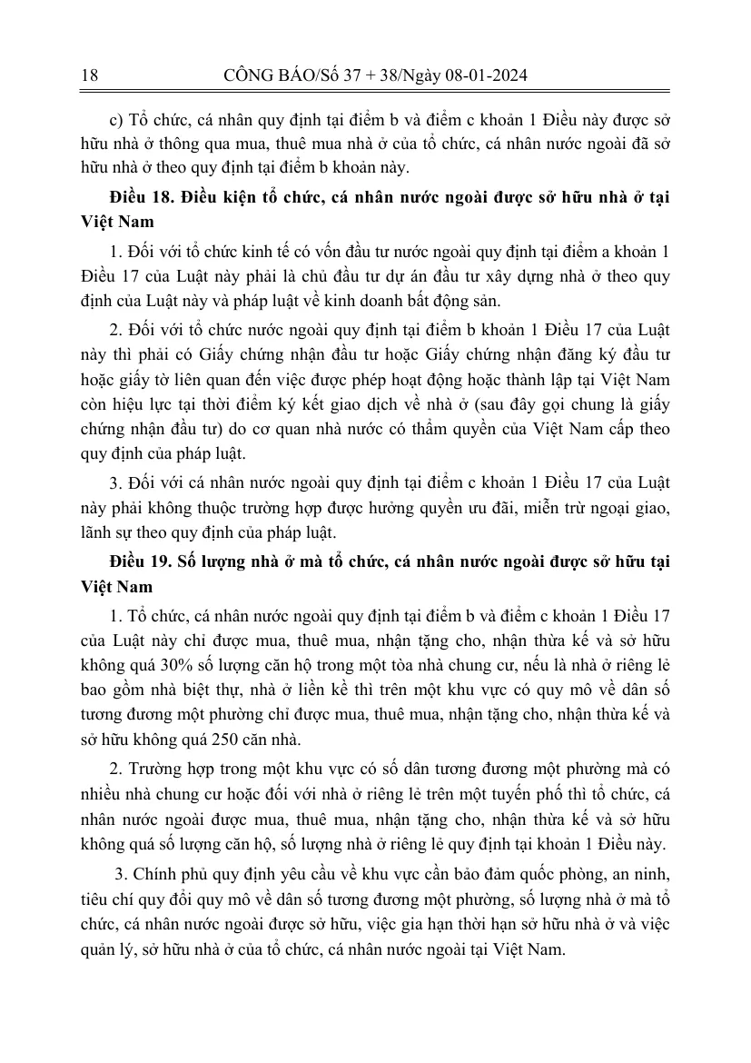 Printed Official Gazette page of the Law on Housing with the article on the quantity of housing for foreign owners