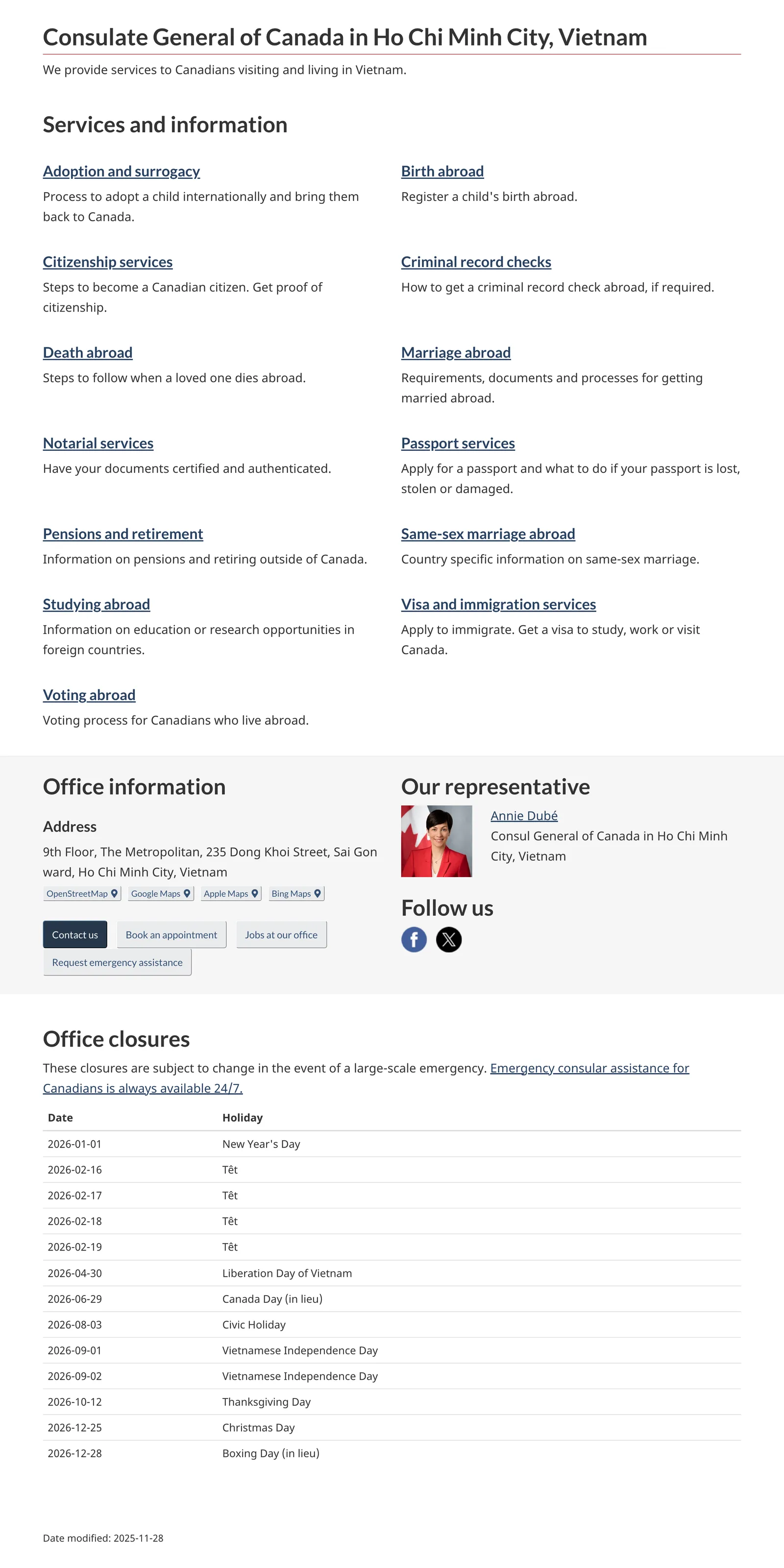 Government of Canada page for the consulate in Ho Chi Minh City with an office information box and a table of closure dates