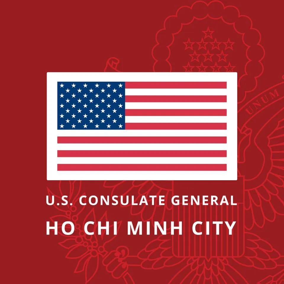 Red graphic with a United States flag and the words U.S. Consulate General Ho Chi Minh City