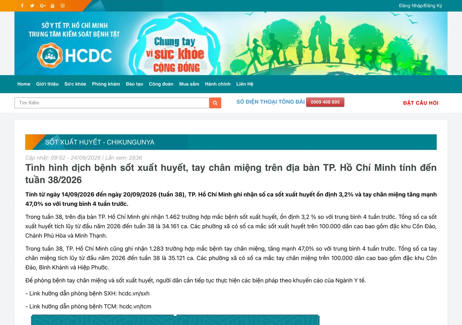 City health agency bulletin page on dengue and hand-foot-mouth disease with the weekly case figures in the text.