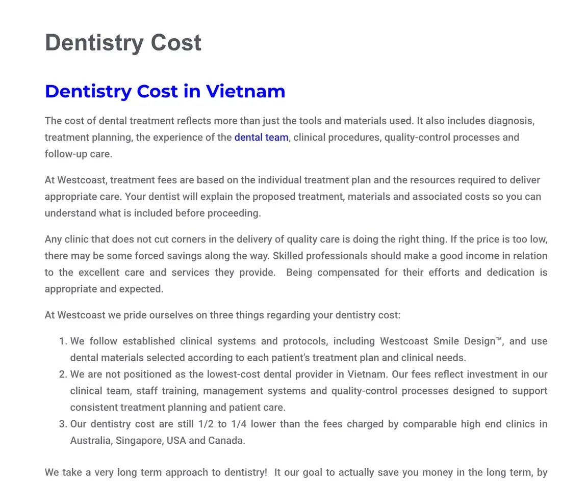 Westcoast International Dental Clinic page headed Dentistry Cost in Vietnam, with paragraphs on how treatment fees are set.