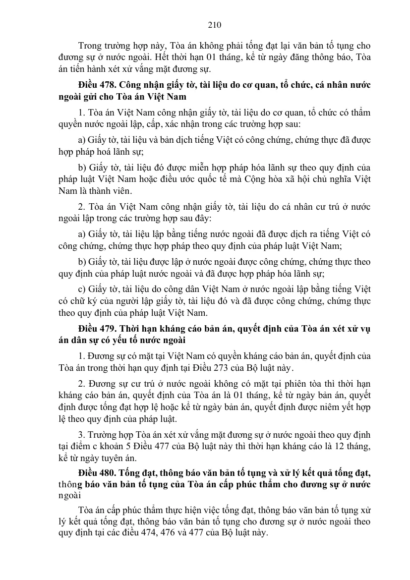 Printed page of the Civil Procedure Code with the article on which foreign papers a Vietnamese court recognises.