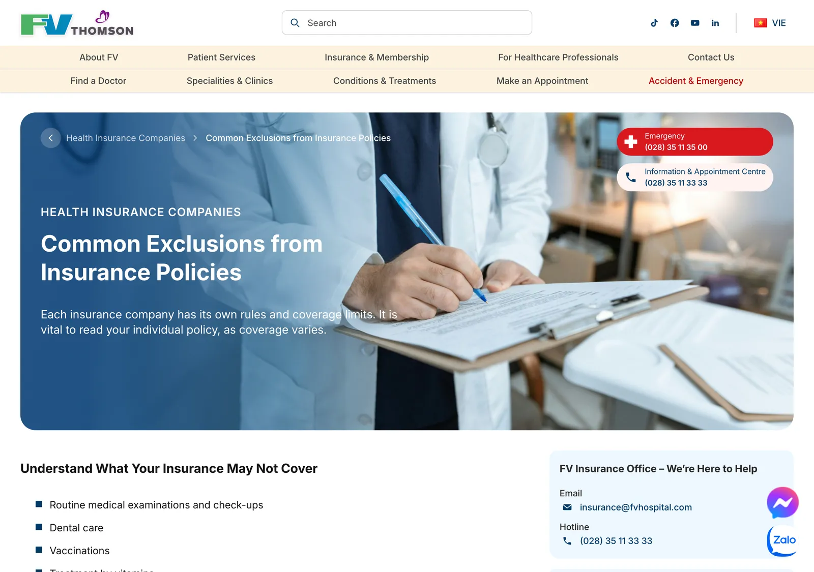 FV Hospital page headed Common Exclusions from Insurance Policies with the start of the exclusions list.