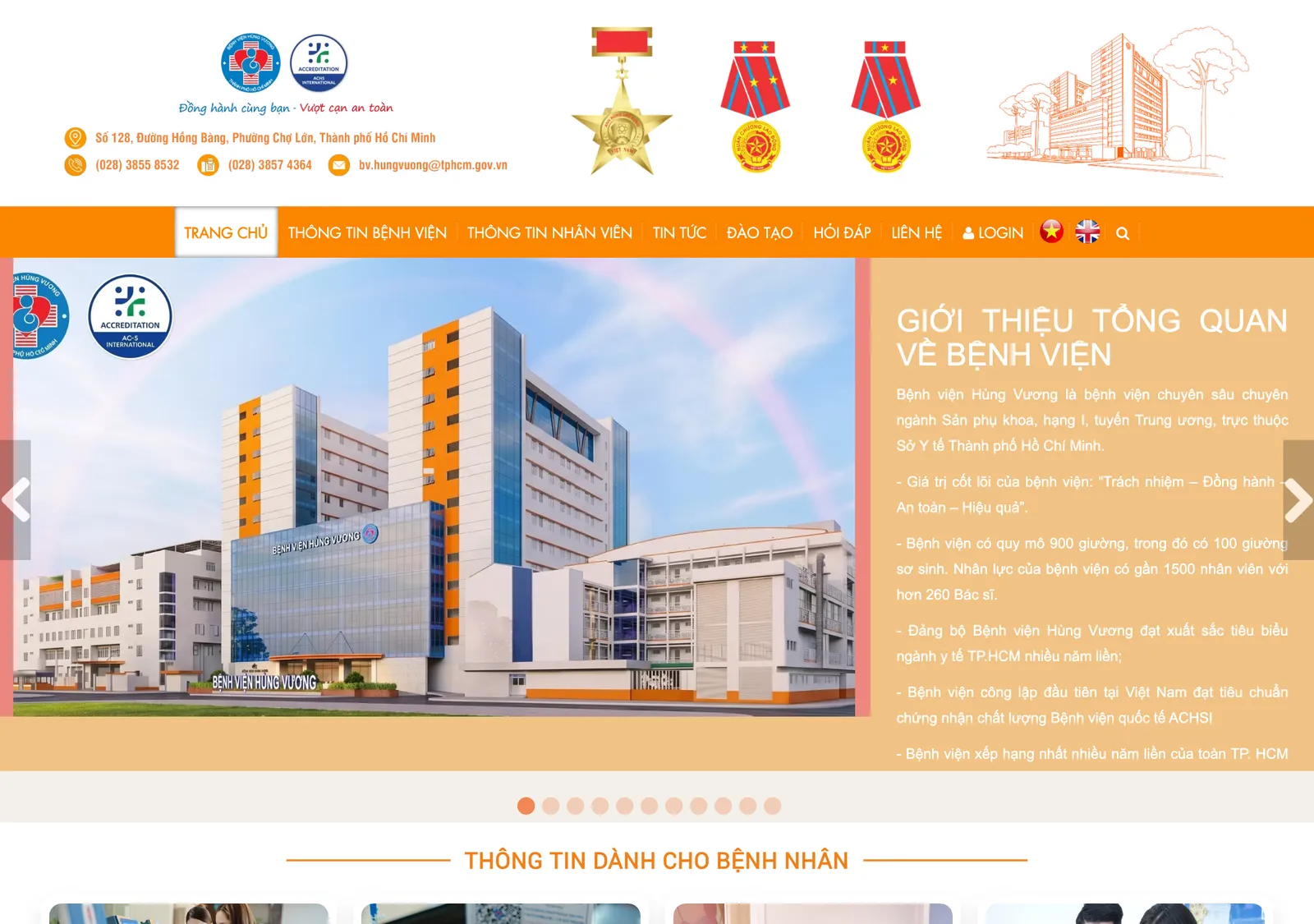 Hung Vuong Hospital home page showing the hospital building and its overview text.