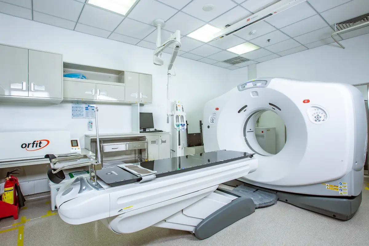 CT scanner in a white imaging room at FV Hospital.