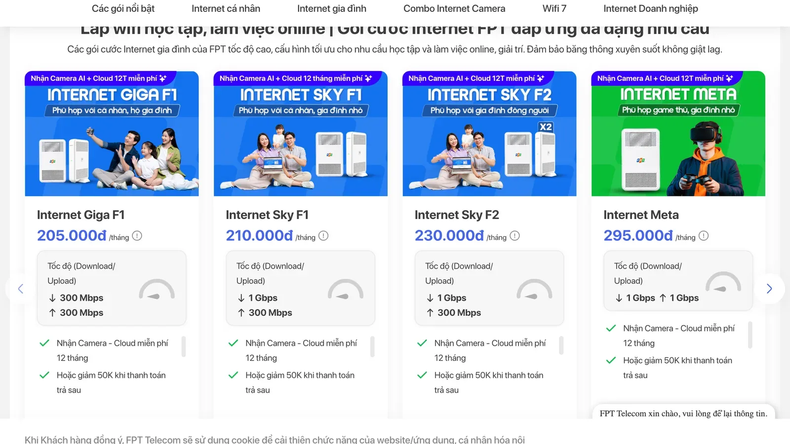 FPT Telecom plan cards for home fibre with the plan name, speed and monthly price on each