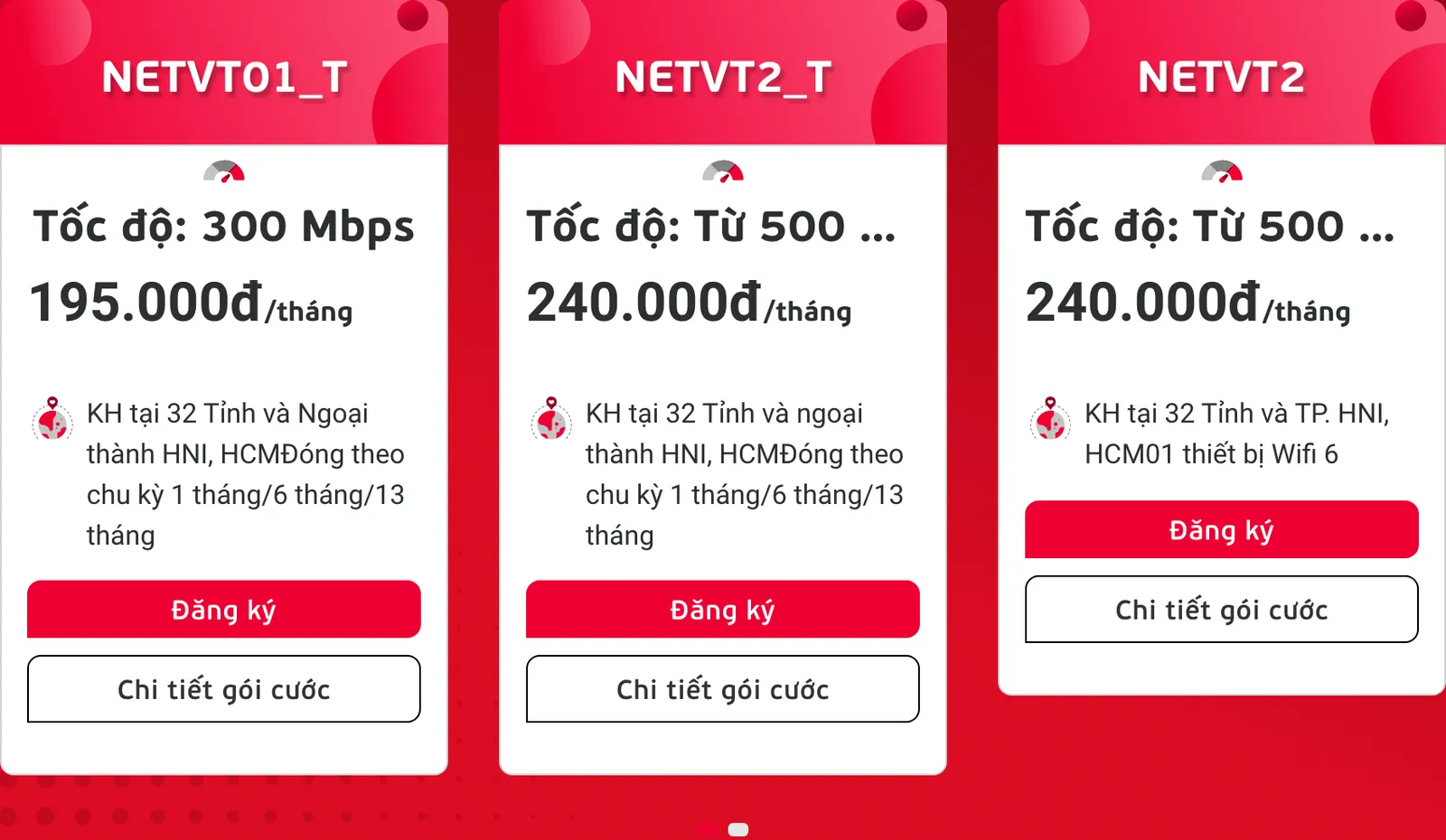 Three red Viettel plan cards showing plan name, speed, monthly price and the area each price applies to