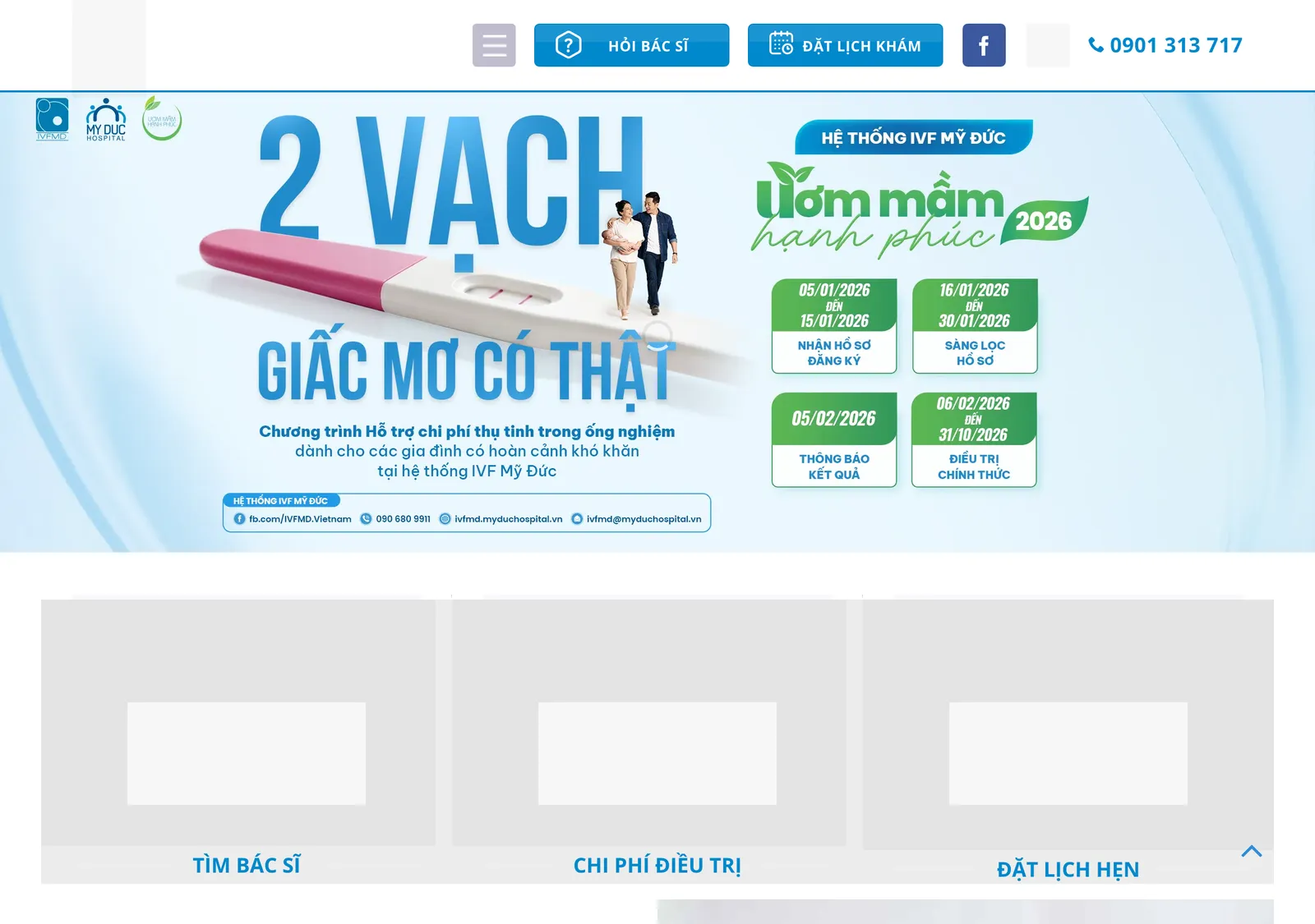 Home page of the My Duc fertility unit with a banner about a free treatment programme for low-income couples.