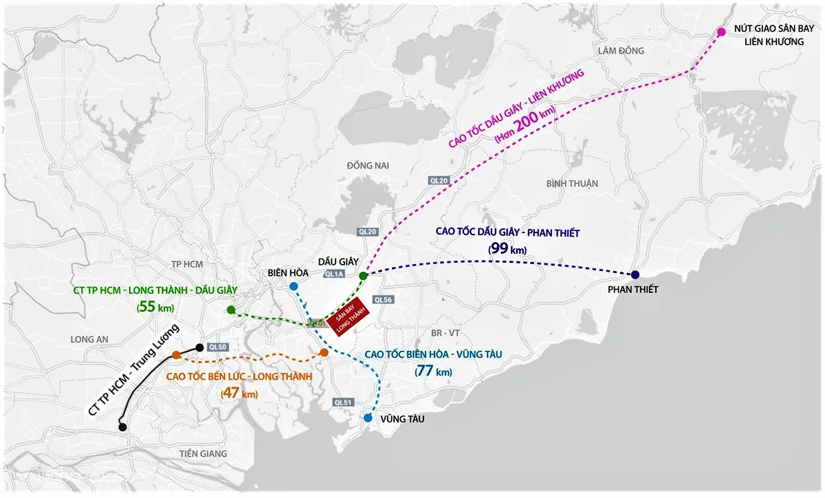 Regional road map with coloured lines for expressways meeting near the airport site