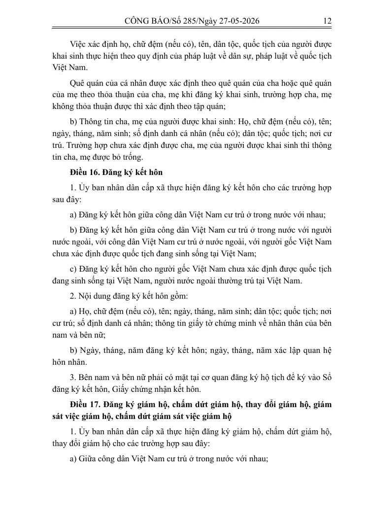 Printed page of the signed 2026 Civil Status Law with the article on marriage registration.