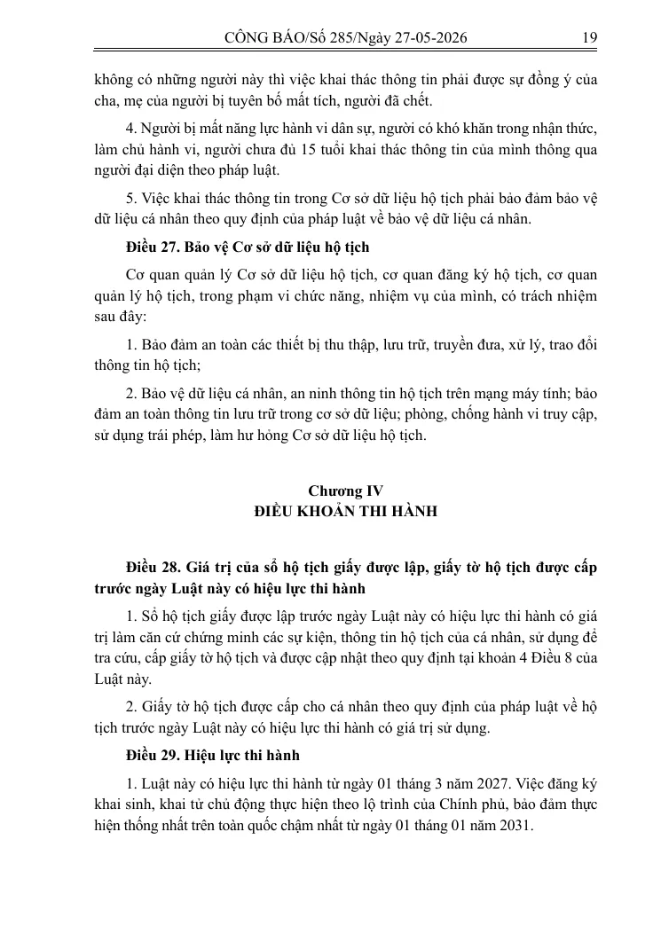 Printed page of the signed 2026 Civil Status Law with the closing article that sets its start date.