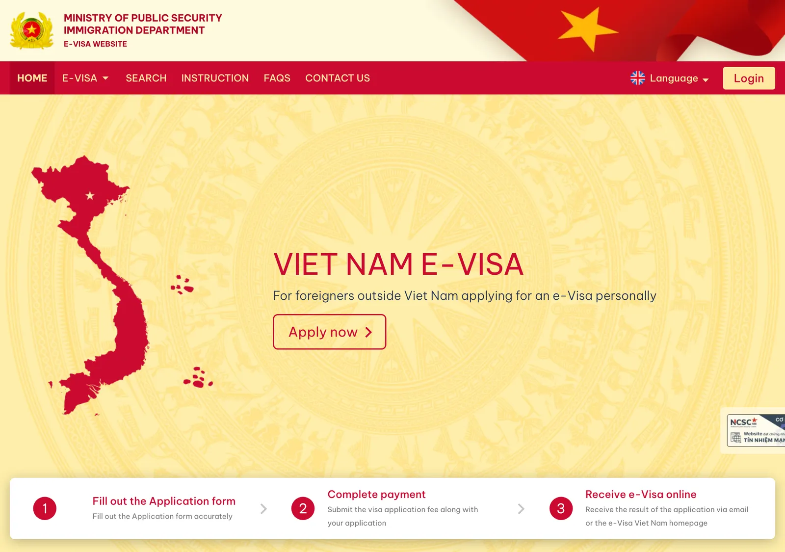 Home page of the Vietnam e-visa portal with the title Viet Nam e-Visa and an Apply now button.