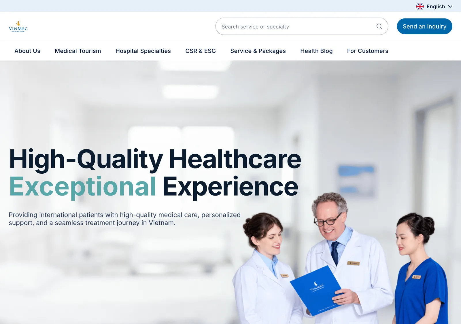 Vinmec international patients page with a banner reading High-Quality Healthcare and photos of doctors holding a folder.
