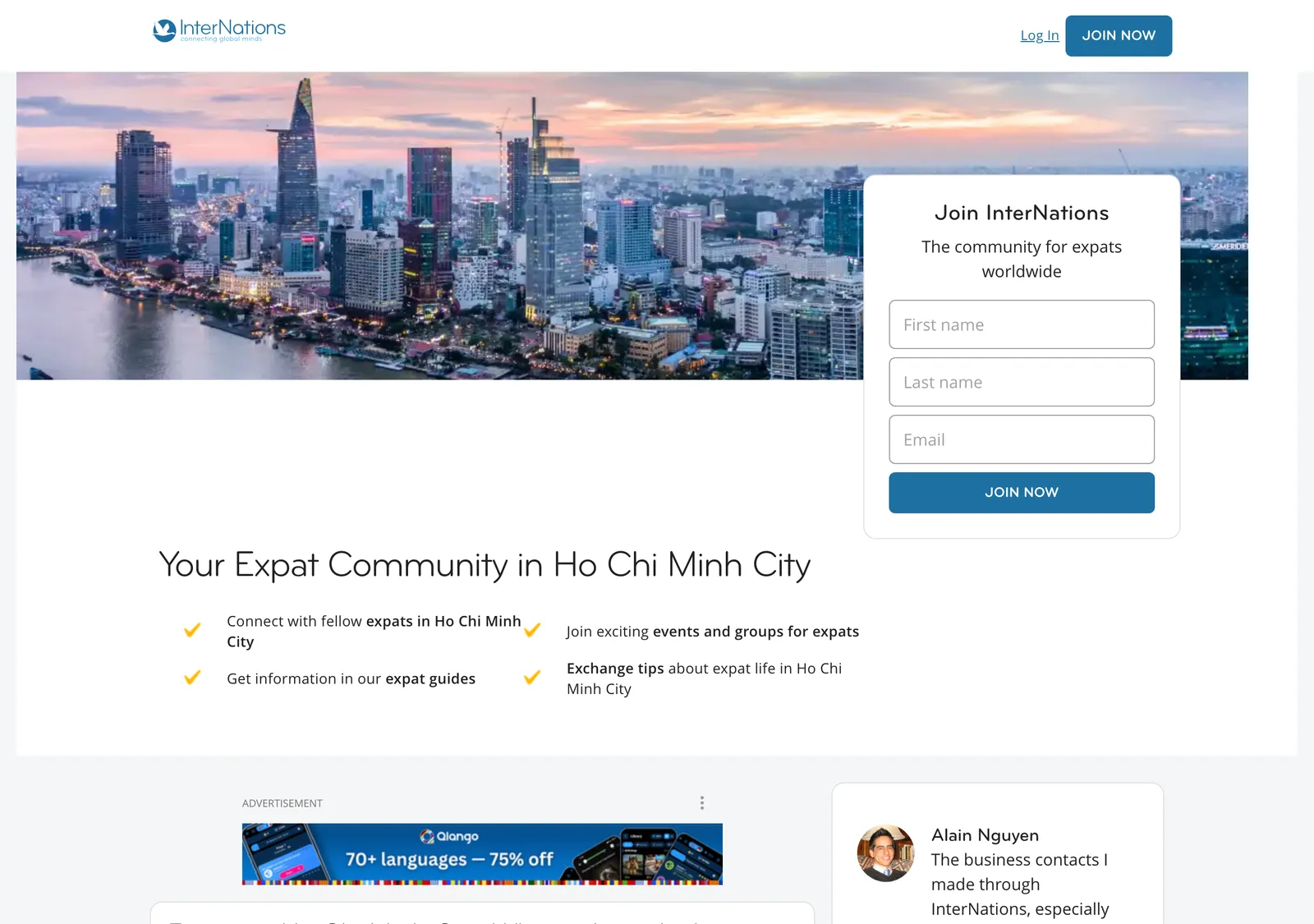 InterNations page for Ho Chi Minh City with a skyline photo, a join form and the heading Your Expat Community in Ho Chi Minh City