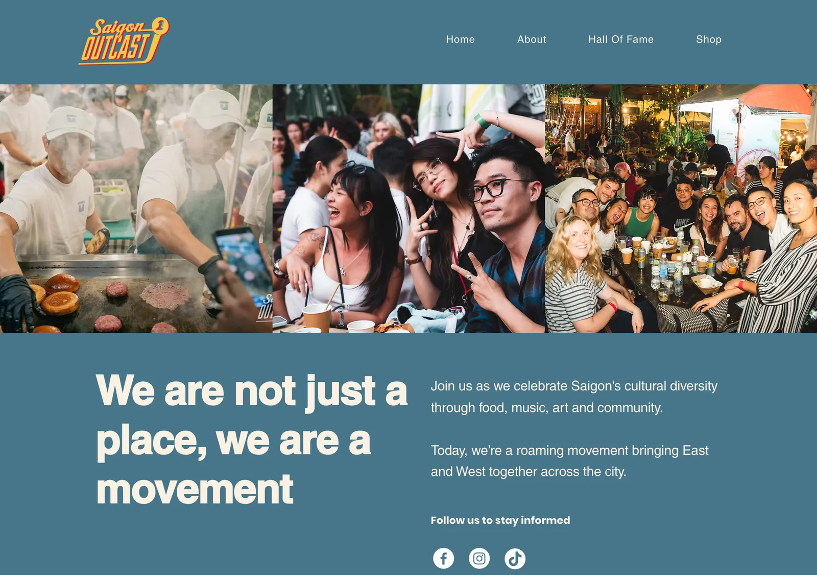 Saigon Outcast home page with a crowd photo and a large headline about a movement