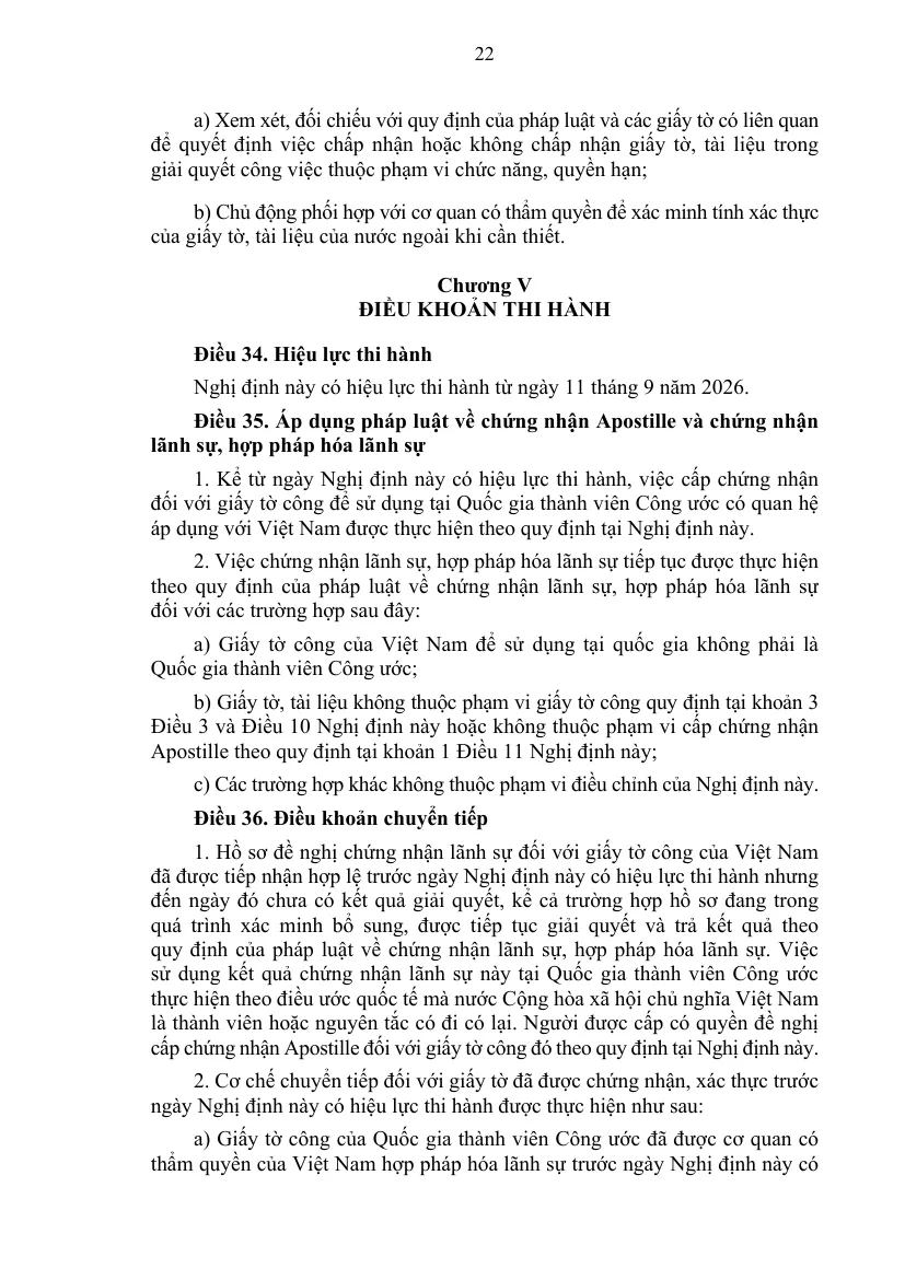 Printed page of the Apostille decree with its closing articles on the start date and on the transition from legalisation.