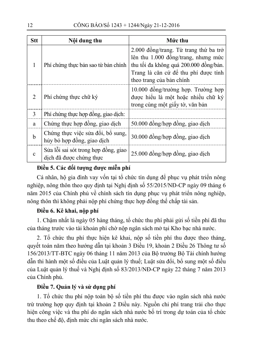 Printed page of the Official Gazette with the fee table of the certification circular.