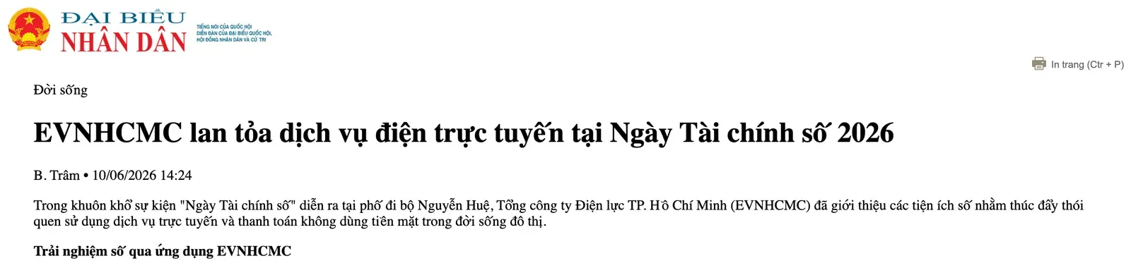 Dai bieu nhan dan news page with the headline on EVNHCMC online electricity services and the first paragraph