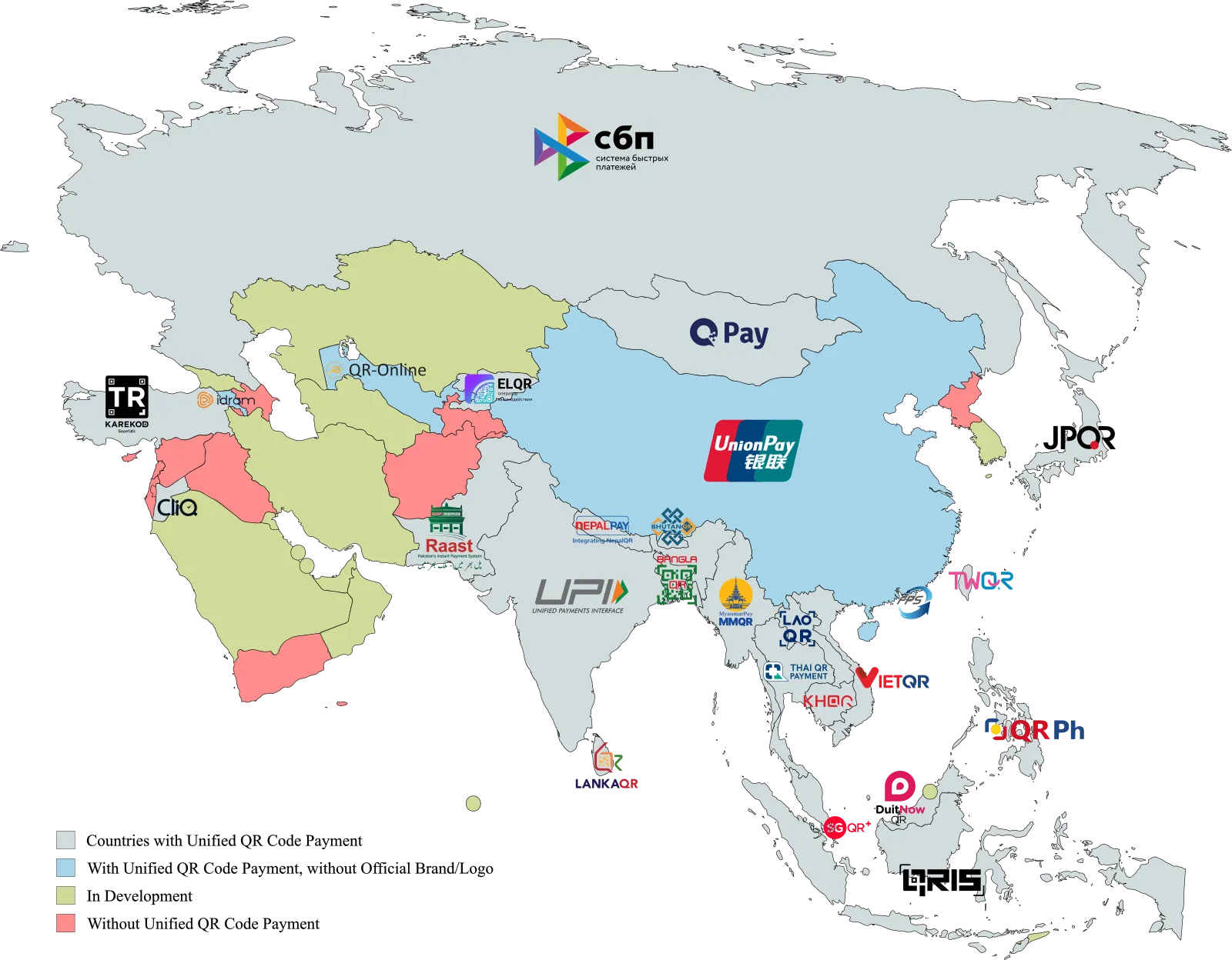 Map of Asia with countries shaded by QR payment status and the logos of national QR schemes