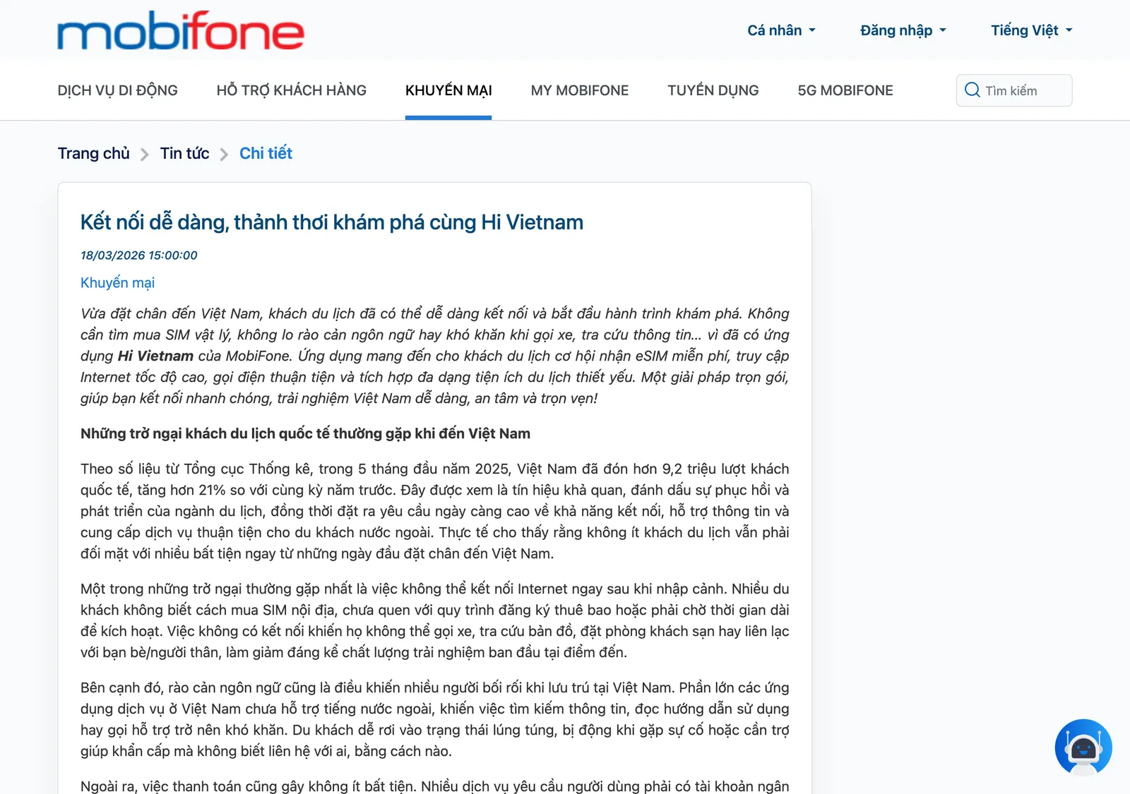 MobiFone news article about the Hi Vietnam app for foreign visitors, with the MobiFone header