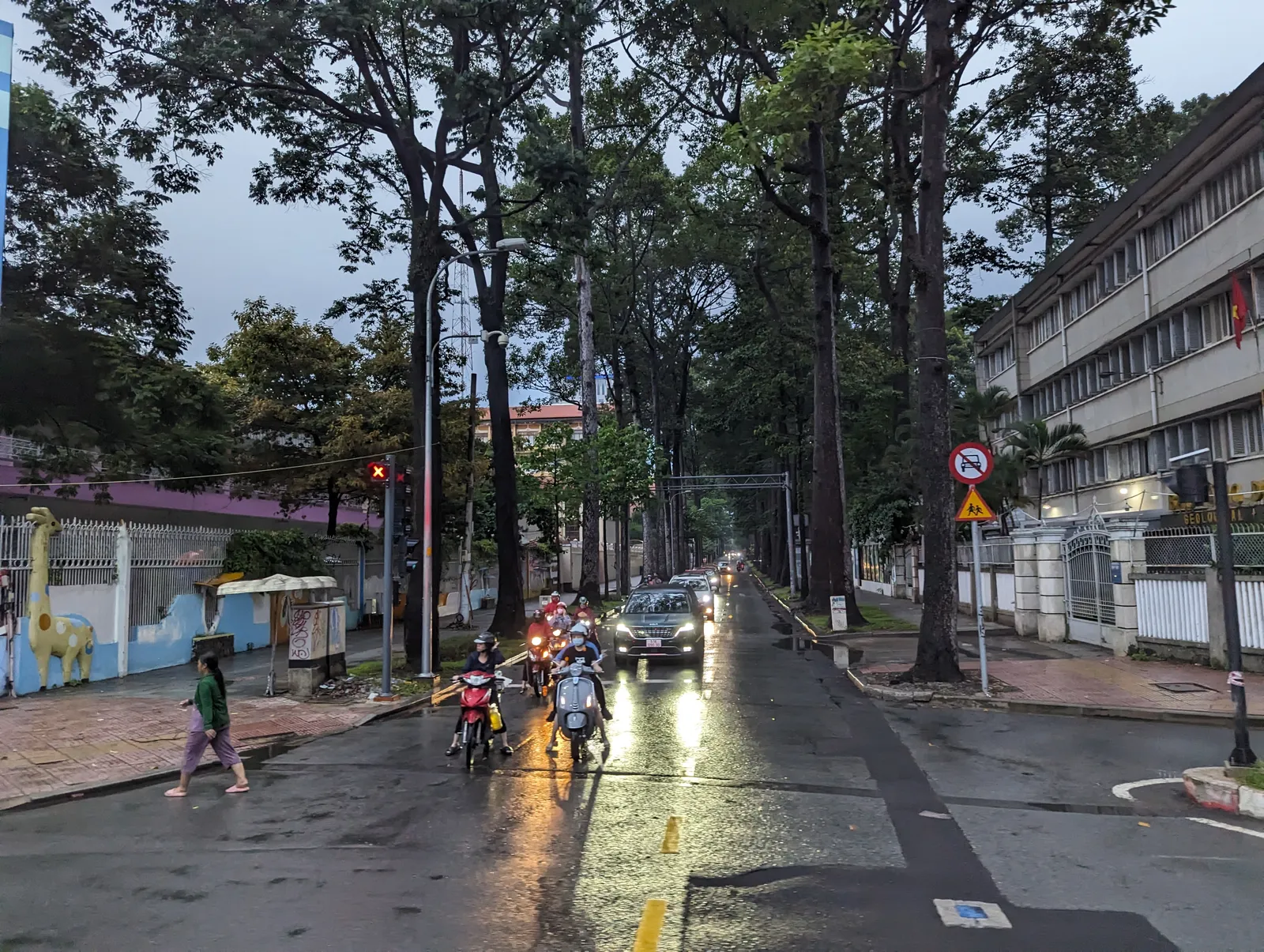 Wet street lined with trees and scooters under a grey sky