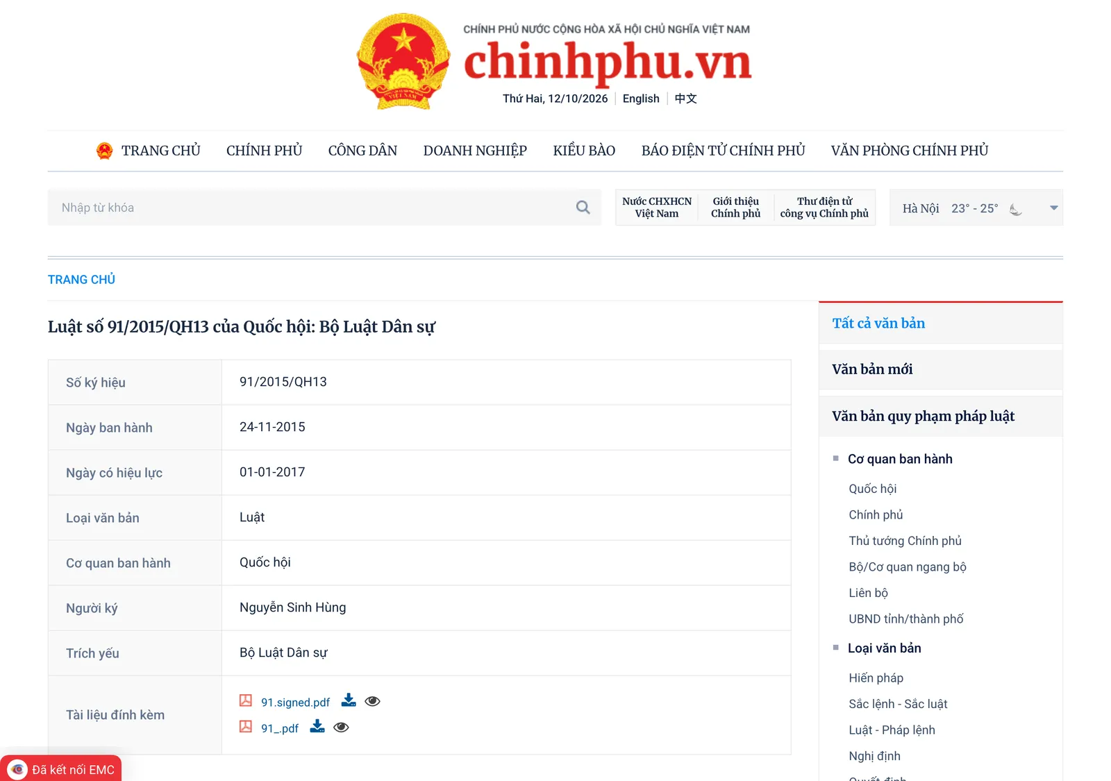 Government document page for the Civil Code listing its number, issue and effective dates, the National Assembly as issuer, the signer and the signed PDF files