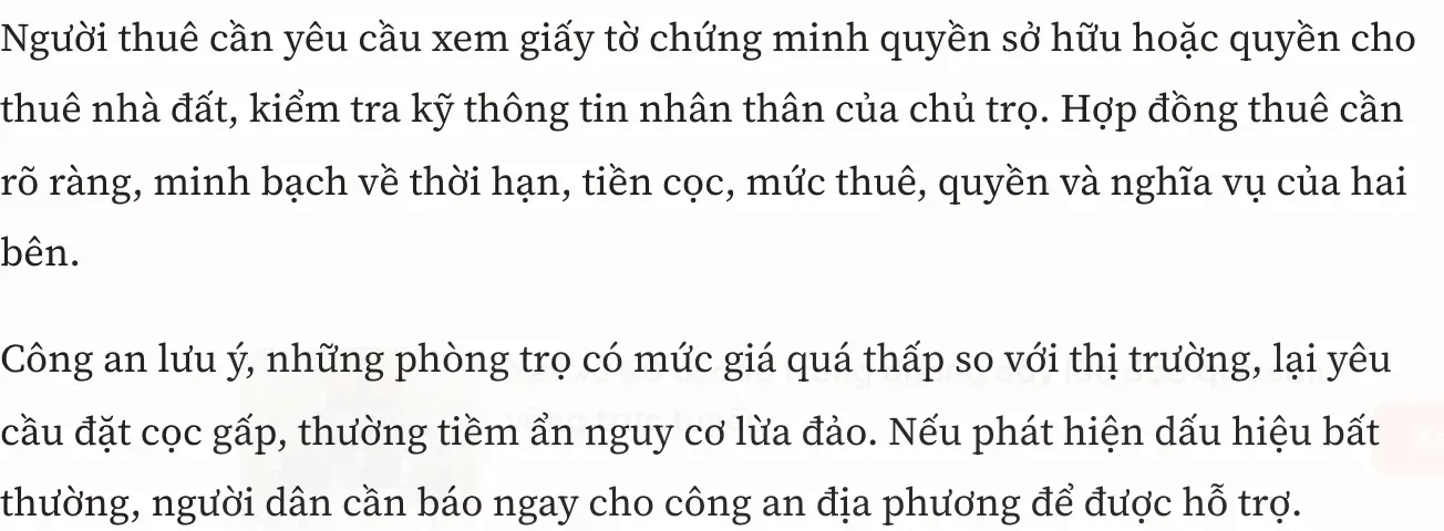 Vietnamese news article text with paragraphs on checking ownership papers and the risk of a cheap room with an urgent deposit