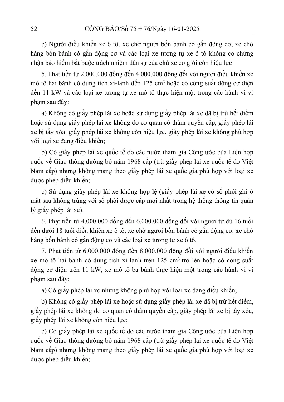 Printed Official Gazette page with the paragraphs of the traffic fine decree on motorbike riders without a valid licence
