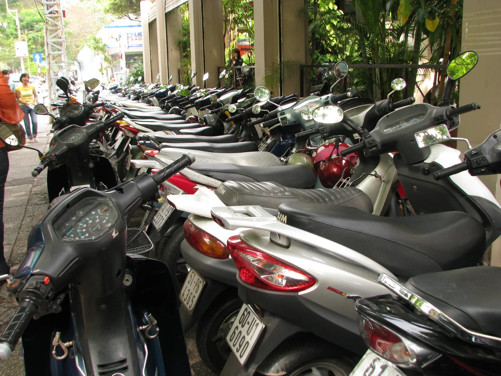 Rows of motorbikes parked together on a city street in Vietnam