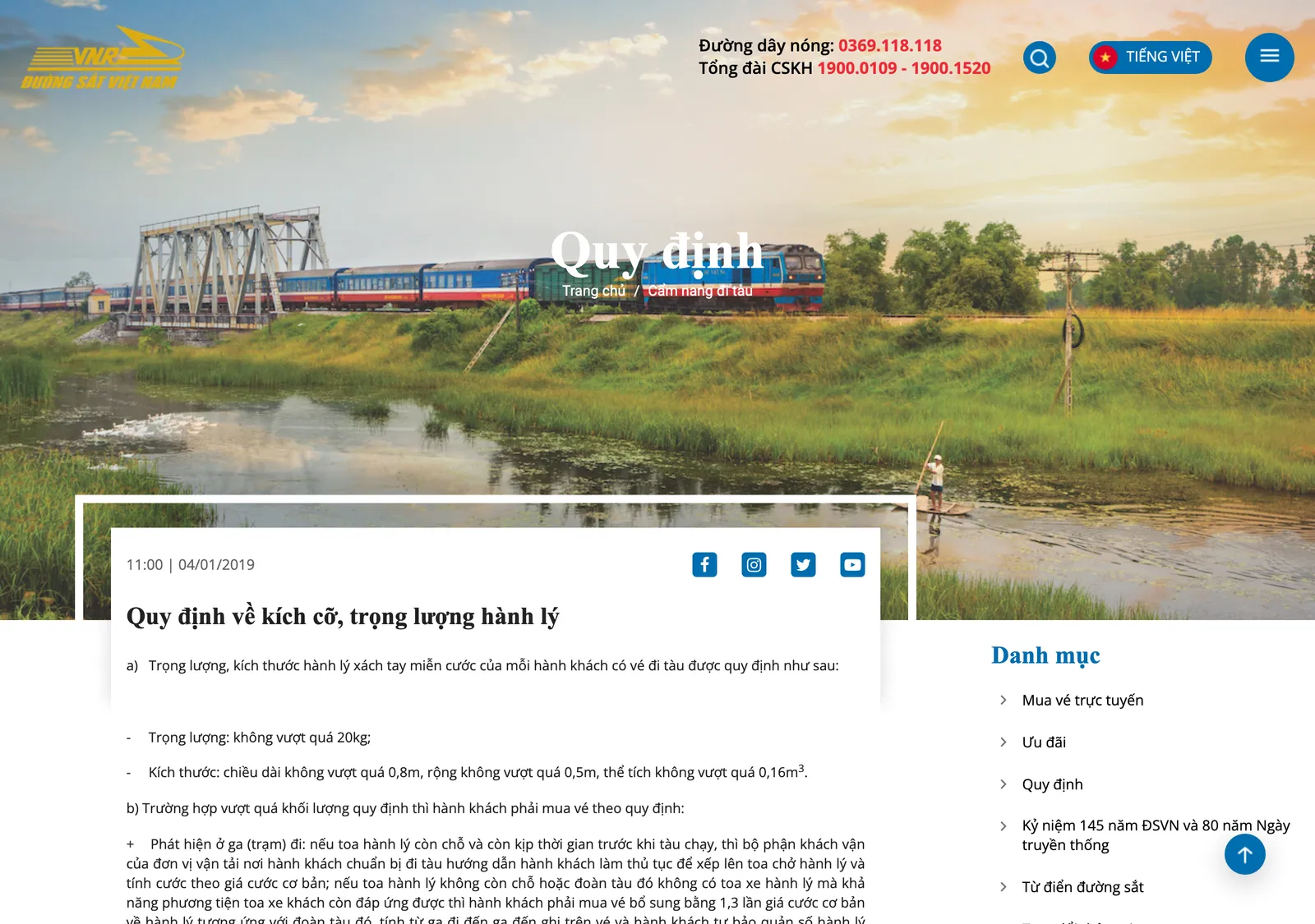 Vietnam Railways page on luggage size and weight rules