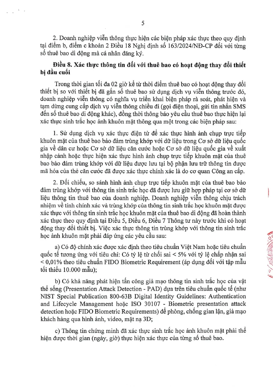 Printed page of a Vietnamese ministry circular with an article on re-verifying a subscriber by face photo when the number moves to a different phone