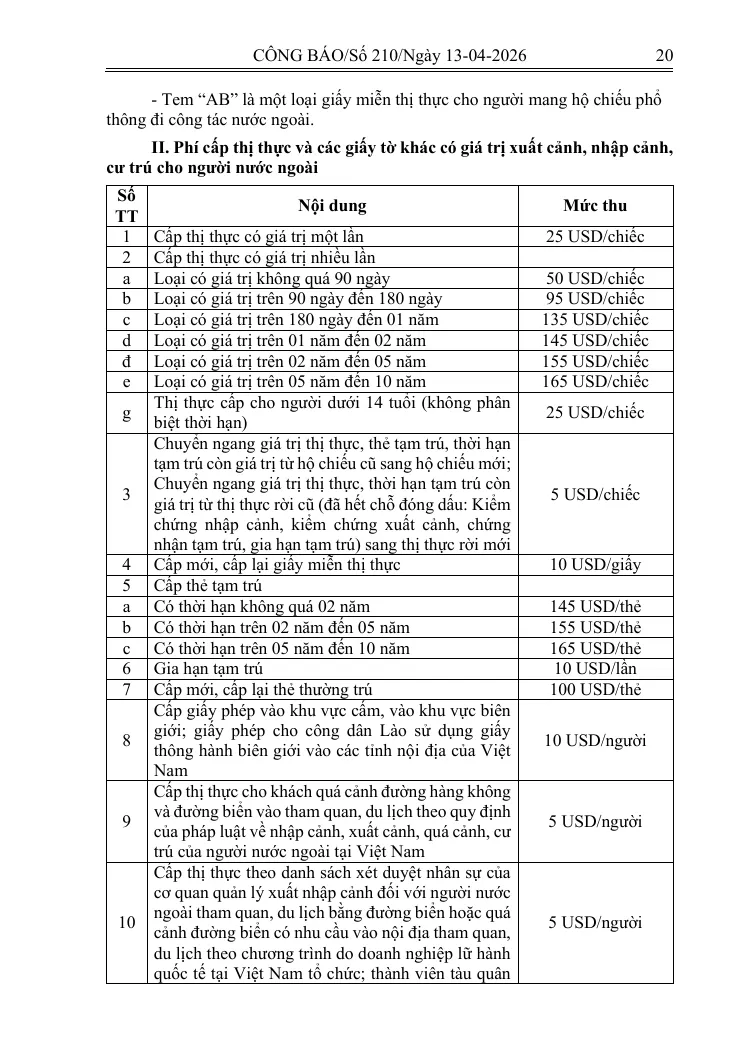Printed Official Gazette page with the fee table for visas, residence cards and other documents for foreigners.