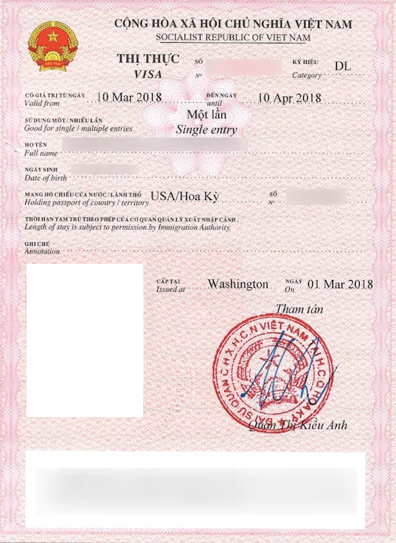 Specimen loose-leaf Vietnam visa with a red stamp, validity dates and a single-entry marking.