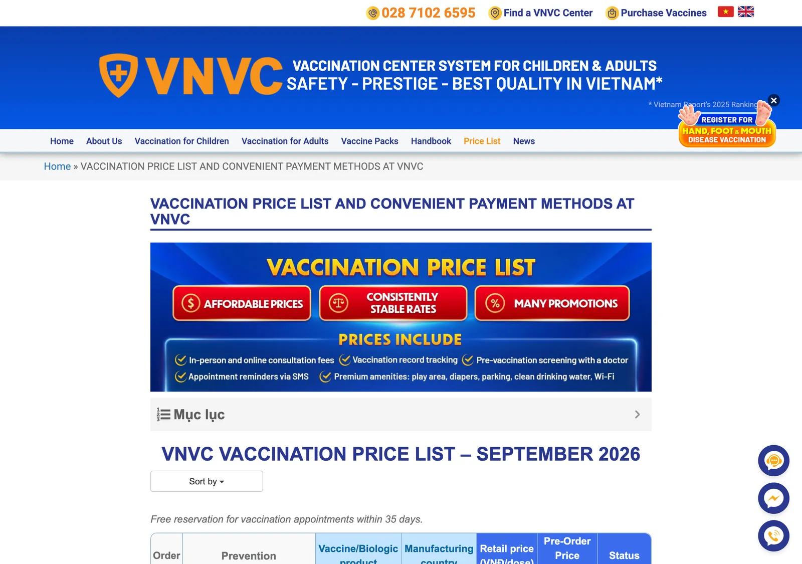 VNVC website page headed Vaccination Price List and Convenient Payment Methods, with the price list heading below a blue banner.
