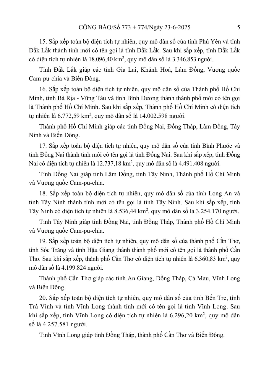 Printed Official Gazette page with the clause that merges Ho Chi Minh City with two neighbouring provinces