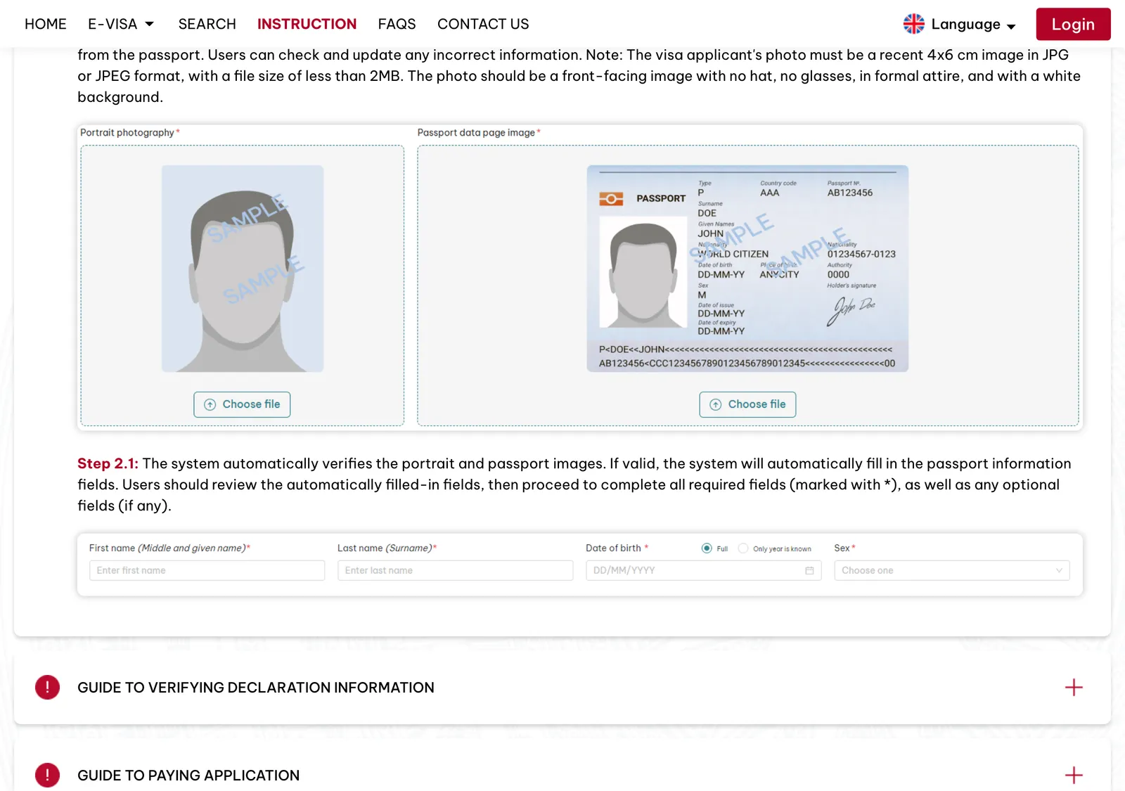 Declaration guide on the Vietnam e-visa portal showing the passport photo and passport page upload boxes, with the photo instructions above them