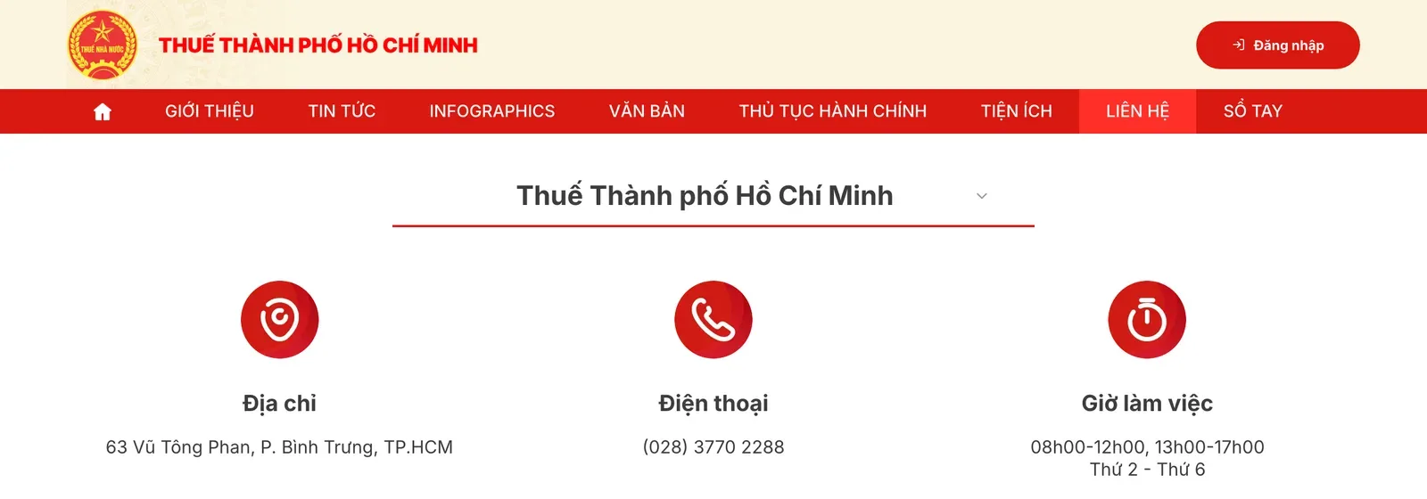 Contact page of the Ho Chi Minh City tax authority website with three columns for address, telephone and working hours.