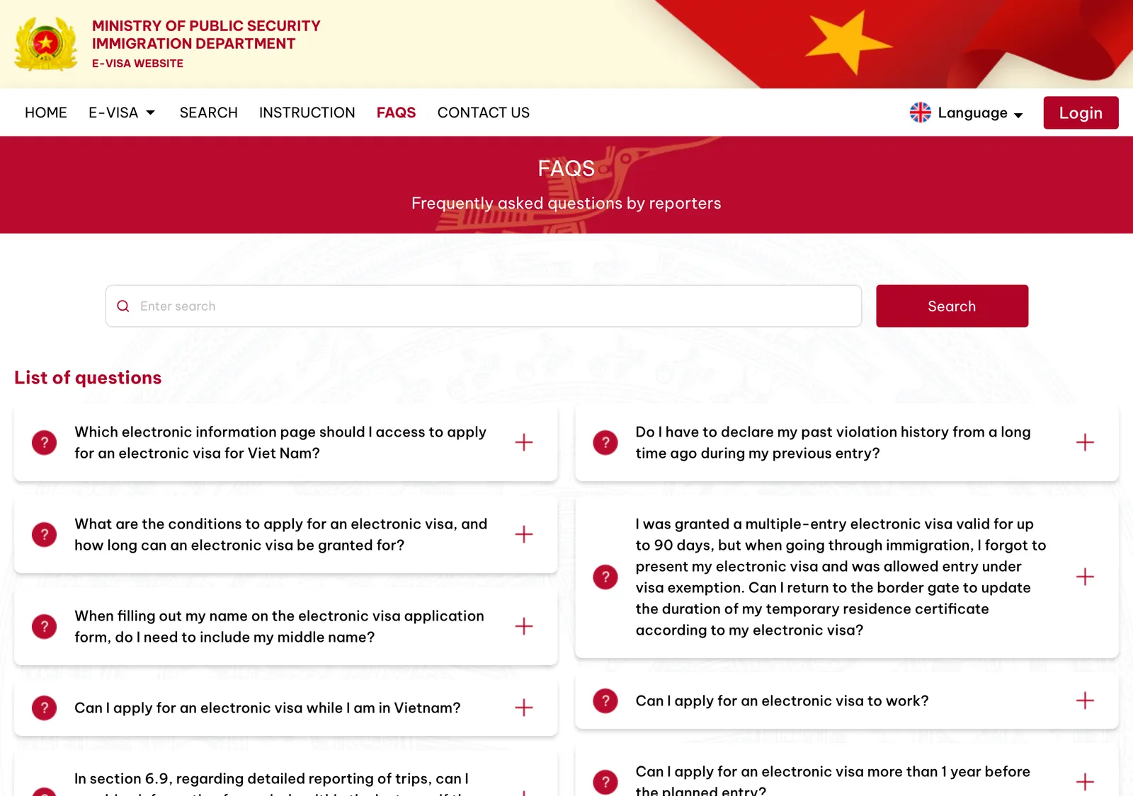 FAQ page of the Vietnam e-visa portal with a search box and a list of questions